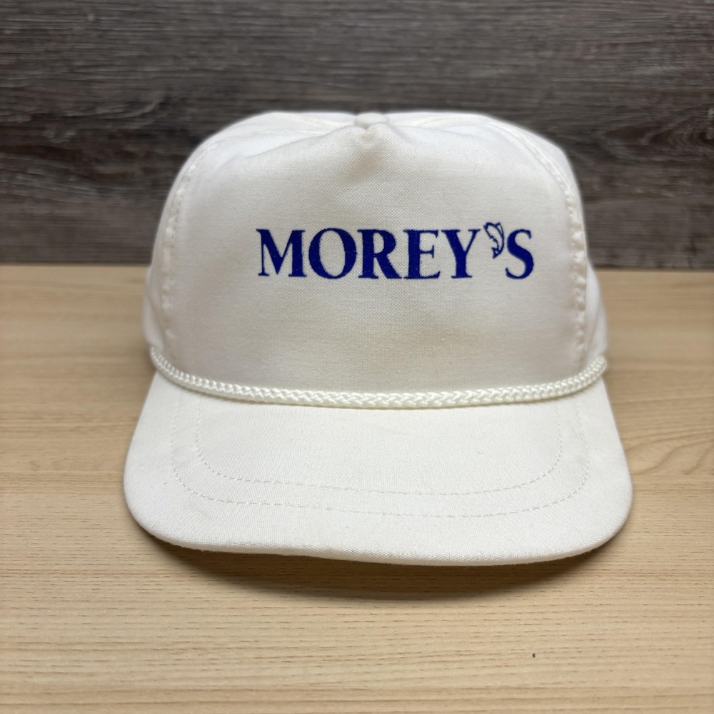 Vintage Moreys Hat Cap Snap Back White Blue Rope Seafood Fish